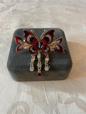 Red Enamel and Rhinestone Butterfly Gold Tone Dangle Hair Barrette